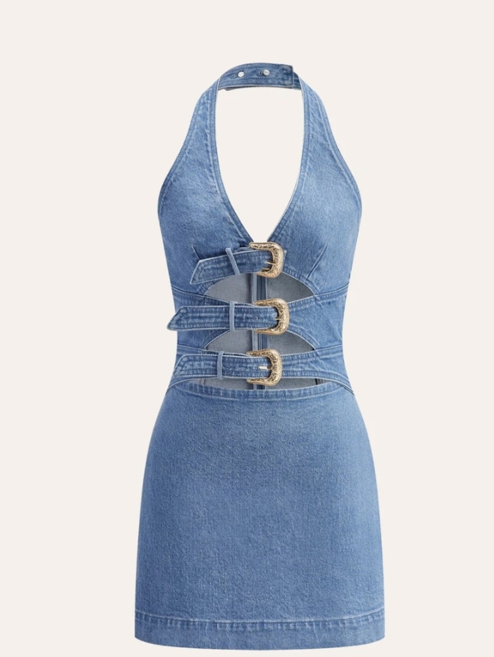 Commense Denim Halter Mini Dress Triple Gold Buckle Detail Cutout Blue L NWT
